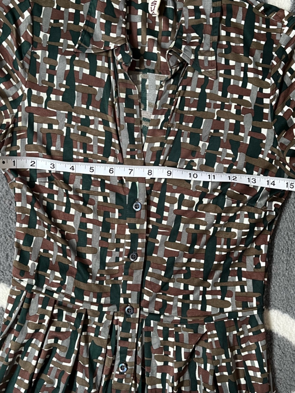 S SUNG Silk Button-Front Geometric Print Dress in Brown, Green & White Medium - Picture 14 of 16